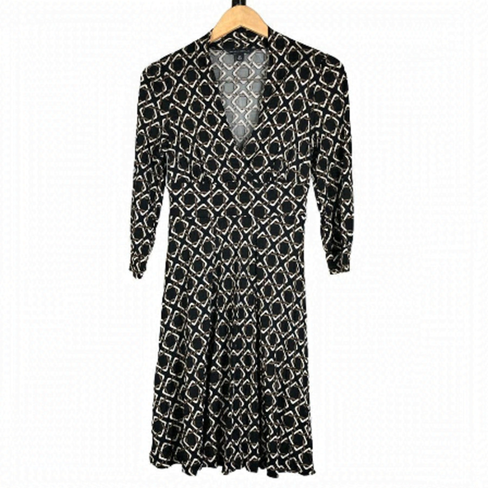 BANANA REPUBLIC Silk Blend Faux Wrap 3/4 Slve Chain Link Fit & Flare Dress SzS